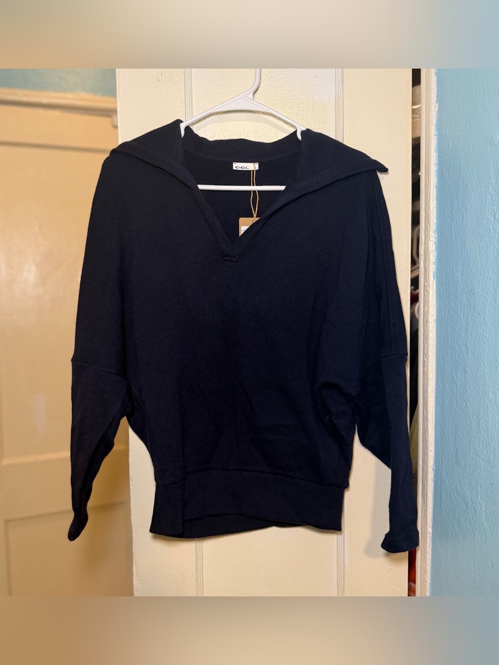 OGL Cozy Collared V Neck Sweater Navy Blue NWT Size Small